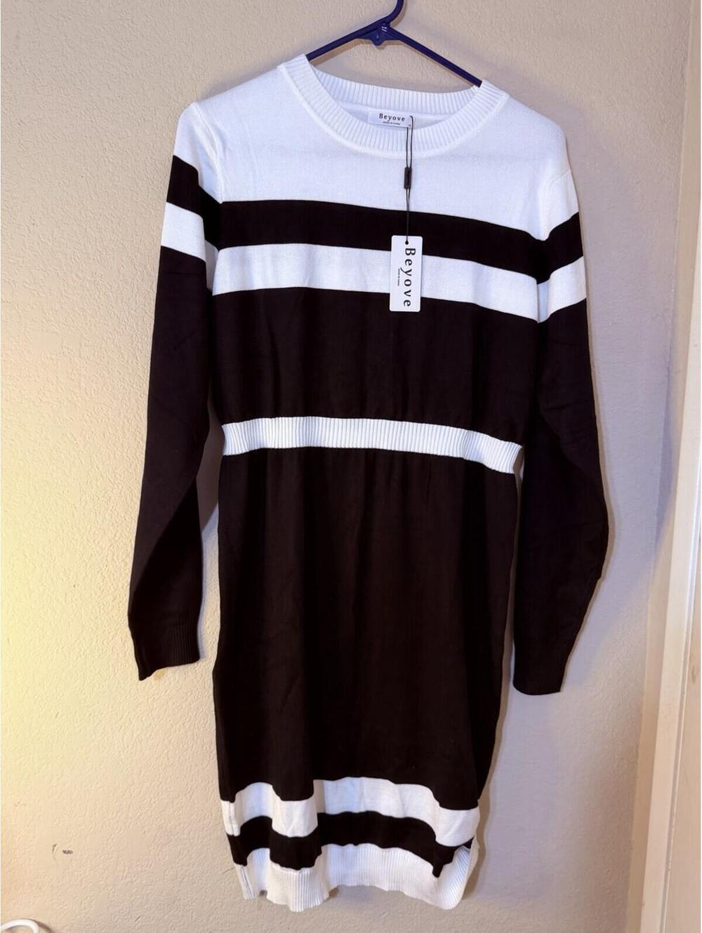 Beyove Striped Knit Sweater Dress Black White XL Long Sleeve Crew Neck. S192